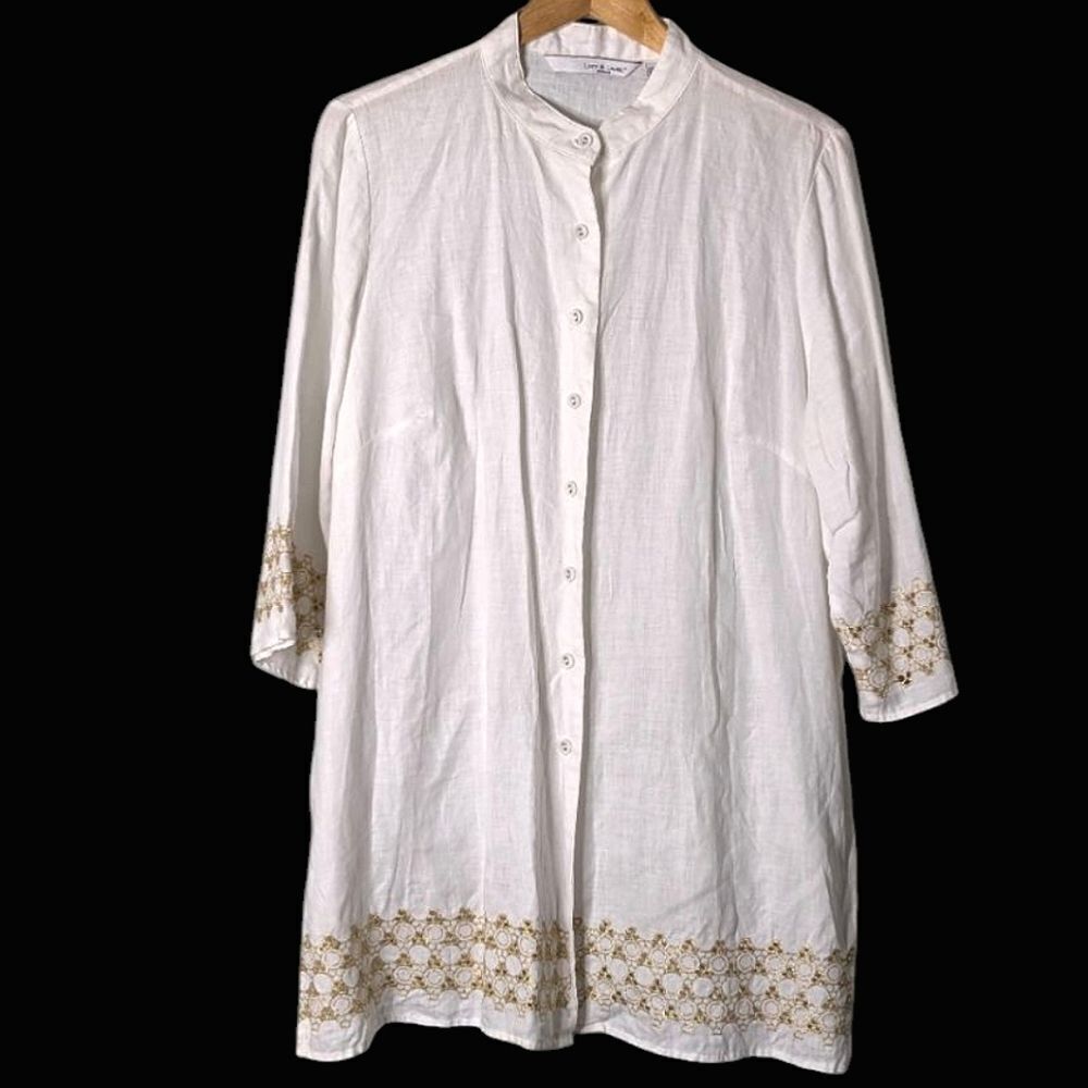 Lucy & Laurel Woman White Linen Embroidered Button Down Tunic Cover-up Size 1X